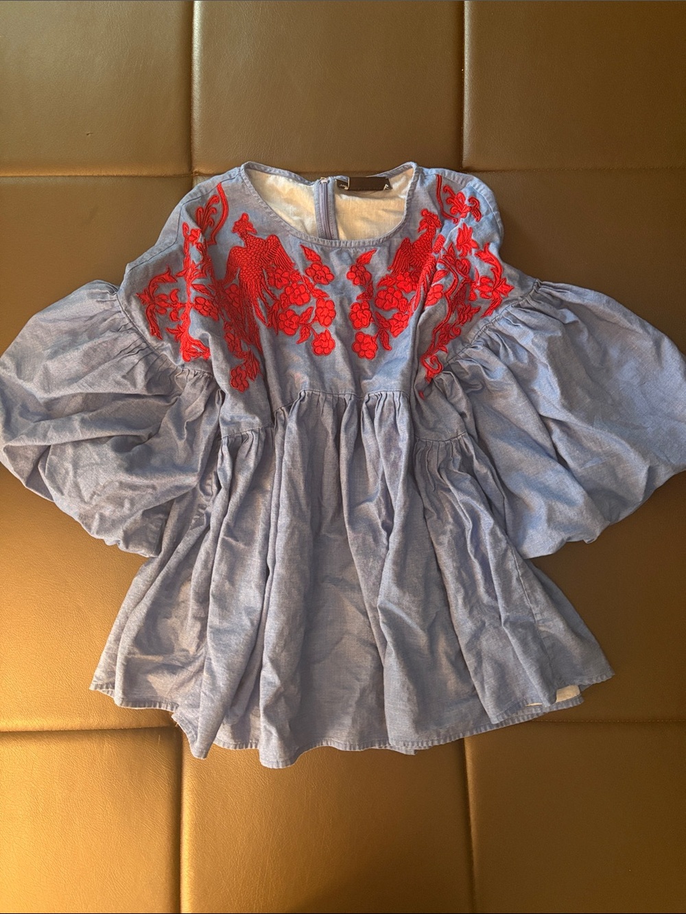 Anthropologie Blue Peplum Top with Red Floral Embroidery